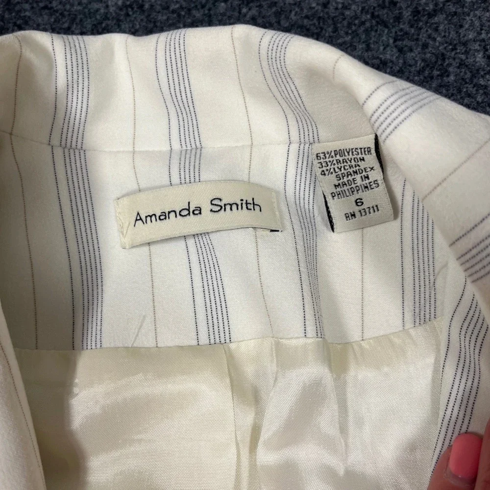 Amanda Smith Womens Pinstripe Blazer Ivory‎ Navy Single Button Stretch Jacket 6